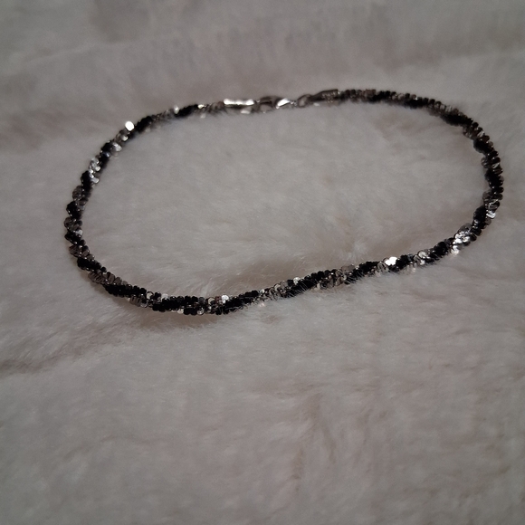 Sterling Silver & Black Rhodium Twisted Rock Cut Bracelet 7\